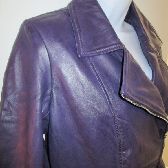 Women's Purple Asymmetrical Leather Peplum Jacket NWOT Sz M - Picture 8 of 12